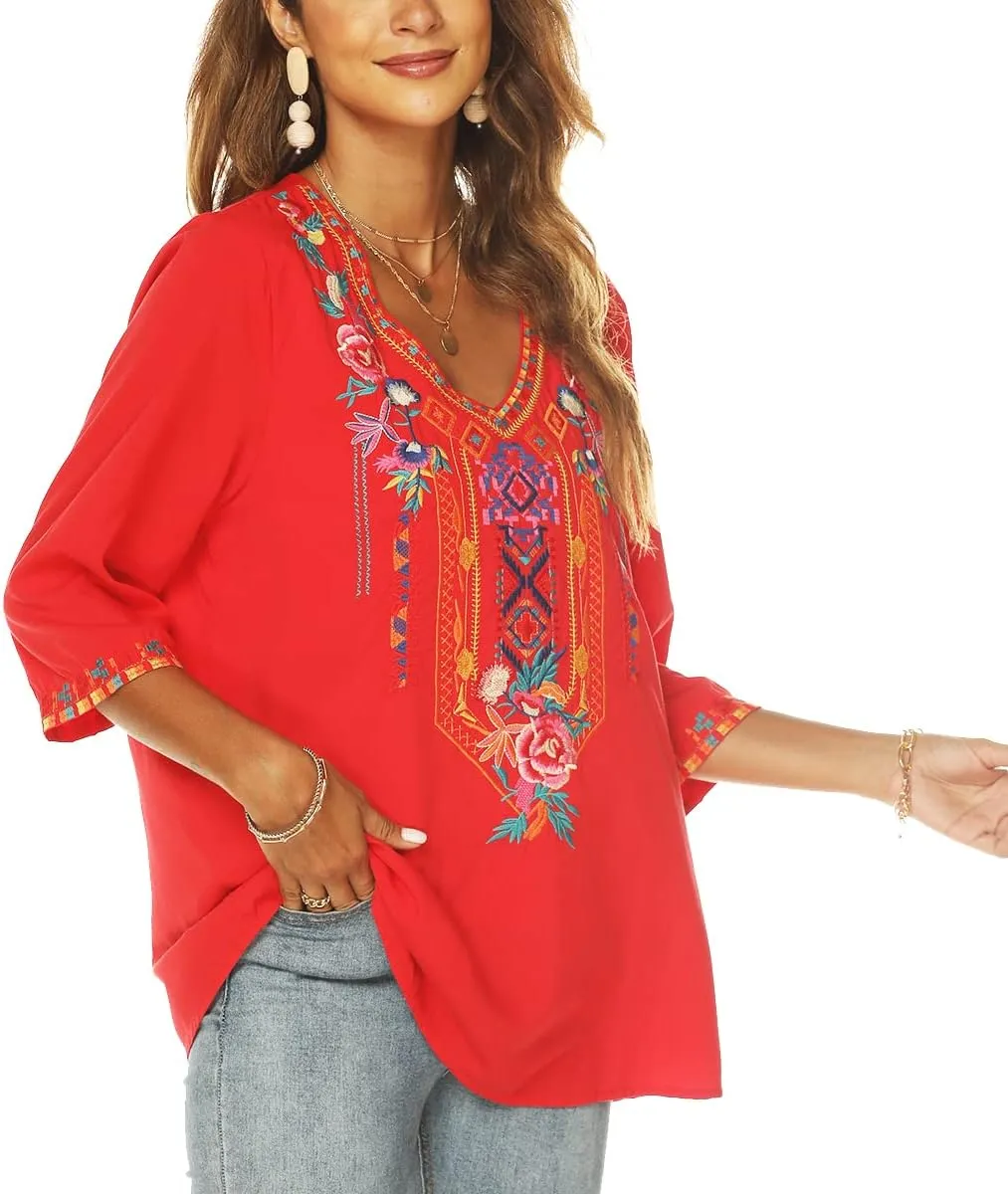 LauraKlein Women's Summer Boho Embroidery Mexican Bohemian Tops V Neck 3/4 Sleeve Causal Loose Shirt Blouse Tunic