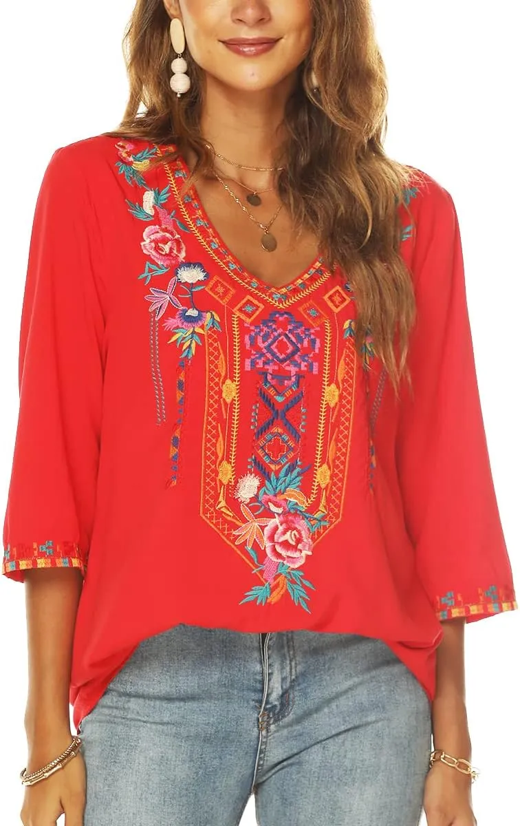 LauraKlein Women's Summer Boho Embroidery Mexican Bohemian Tops V Neck 3/4 Sleeve Causal Loose Shirt Blouse Tunic