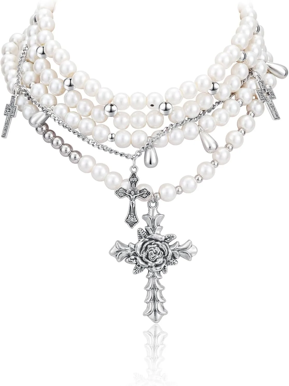 Layered Pearl Necklace Statement Gothic Pearl Cross Necklace Chunky Stacked Rhinestone Pearl Necklace for Women