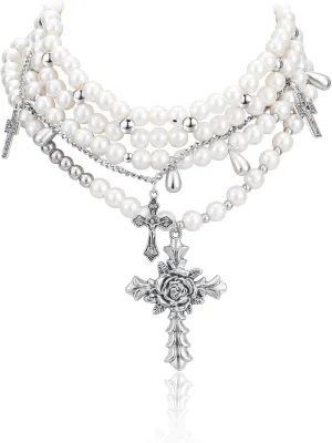 Layered Pearl Necklace Statement Gothic Pearl Cross Necklace Chunky Stacked Rhinestone Pearl Necklace for Women