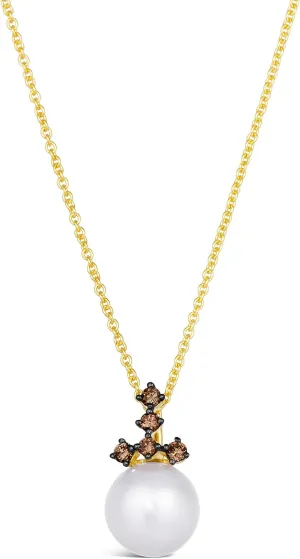 LE VIAN 1/10 Carat Chocolate Diamond and Fresh Water Pearl Pendant Necklace for Women in 14k Yellow Gold (Brown, 0.09 cttw) on 20 Inch Long Chain with Lobster Claw Clasp