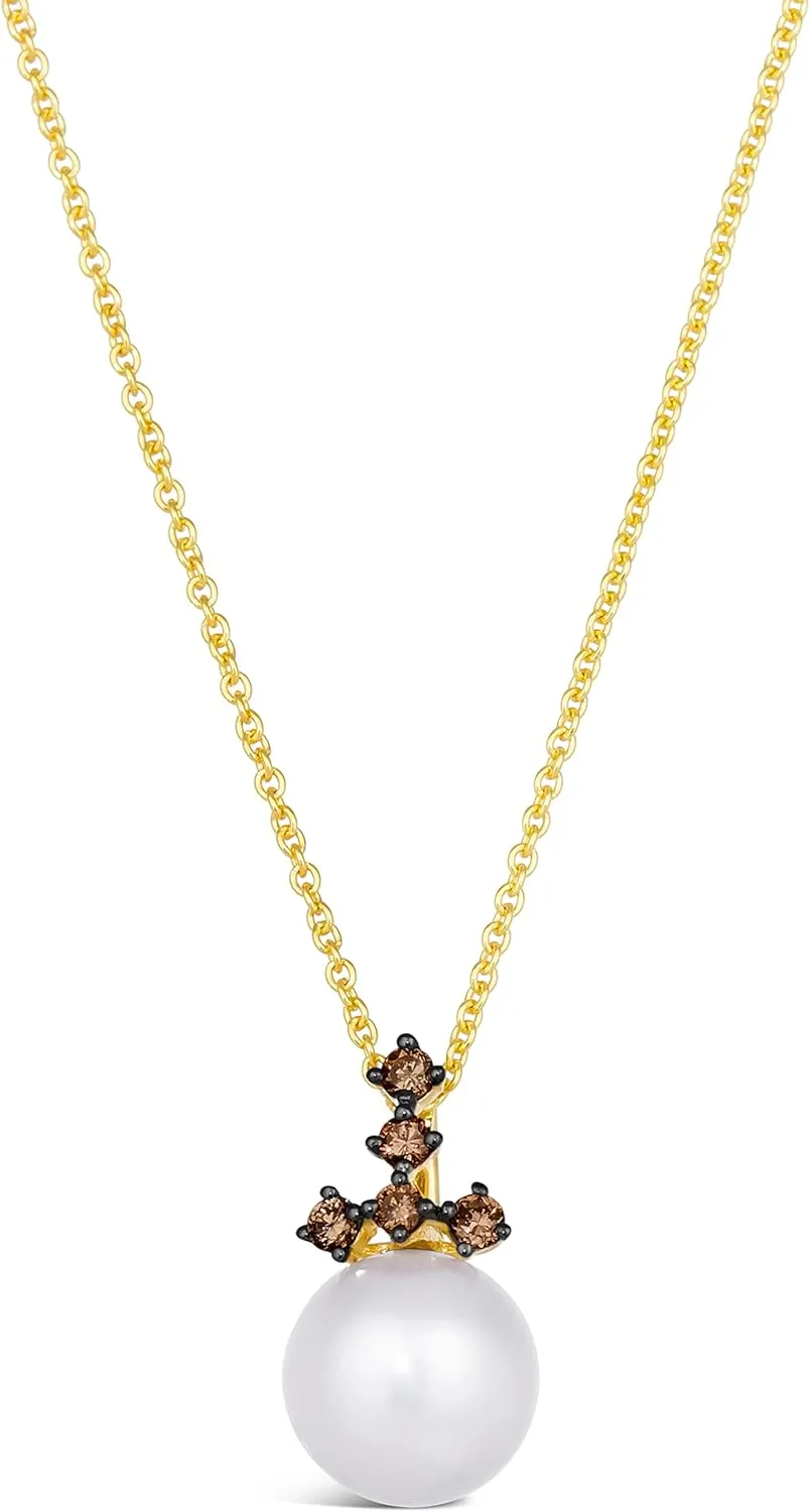 LE VIAN 1/10 Carat Chocolate Diamond and Fresh Water Pearl Pendant Necklace for Women in 14k Yellow Gold (Brown, 0.09 cttw) on 20 Inch Long Chain with Lobster Claw Clasp