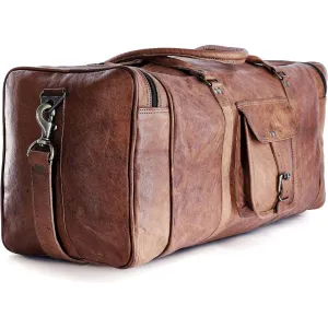 Leather duffle bags large 24 Inch Square Duffel Travel Gym Sports Overnight Weekender Leather Bag for men and women by KPL
