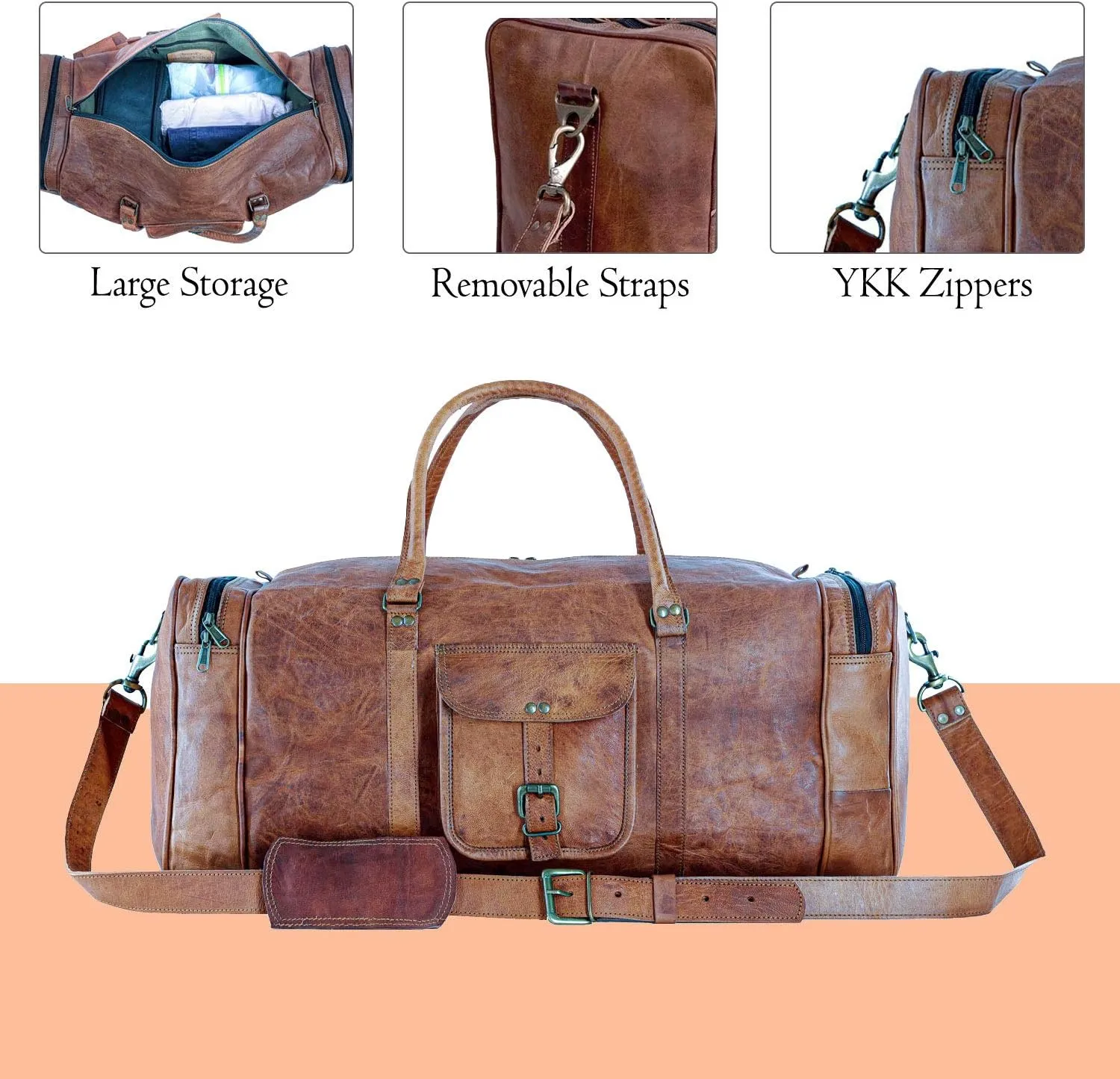 Leather duffle bags large 24 Inch Square Duffel Travel Gym Sports Overnight Weekender Leather Bag for men and women by KPL