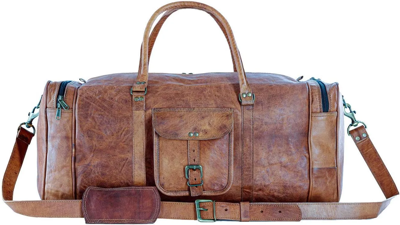 Leather duffle bags large 24 Inch Square Duffel Travel Gym Sports Overnight Weekender Leather Bag for men and women by KPL