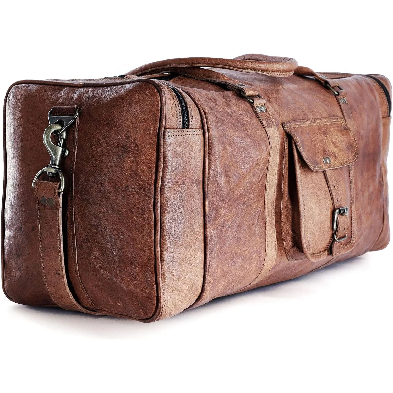 Leather duffle bags large 24 Inch Square Duffel Travel Gym Sports Overnight Weekender Leather Bag for men and women by KPL