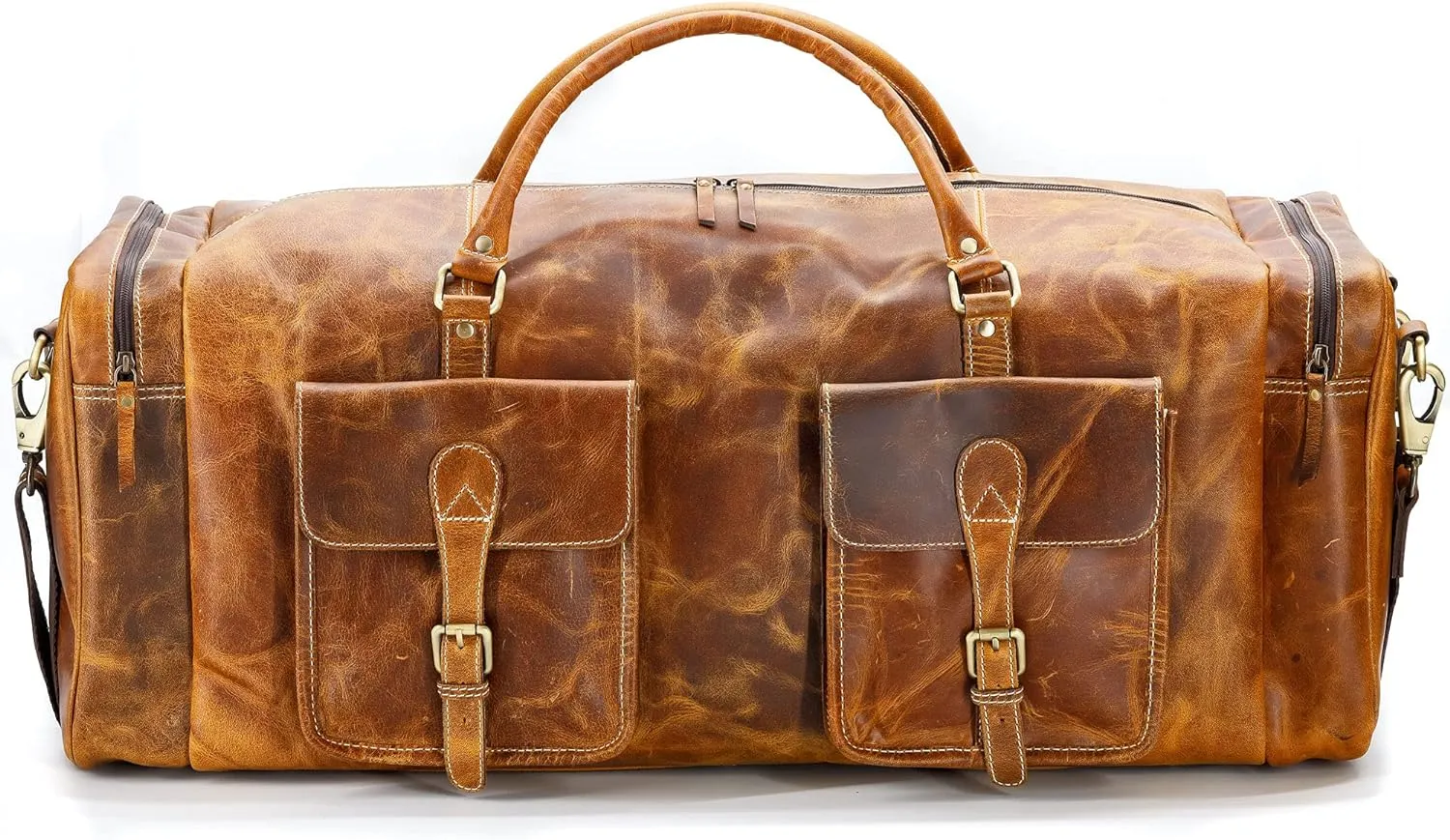 Leather duffle bags large 24 Inch Square Duffel Travel Gym Sports Overnight Weekender Leather Bag for men and women by KPL
