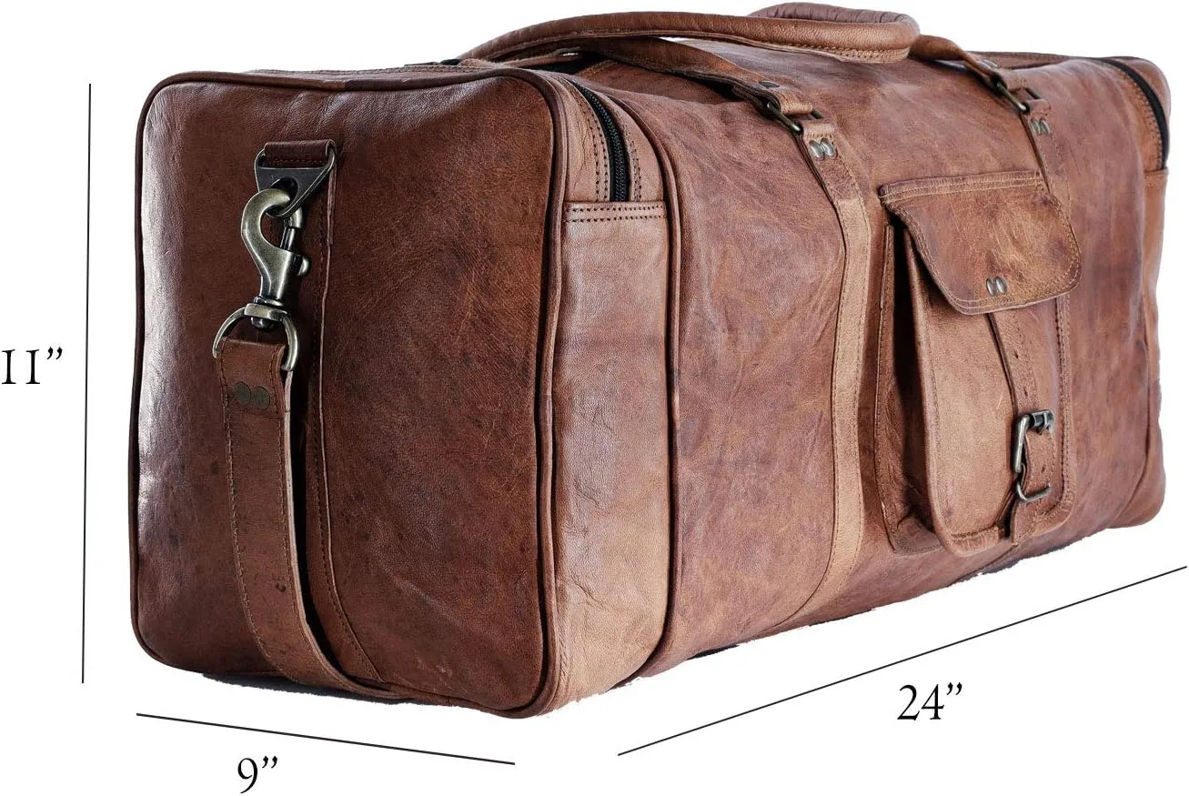 Leather duffle bags large 24 Inch Square Duffel Travel Gym Sports Overnight Weekender Leather Bag for men and women by KPL
