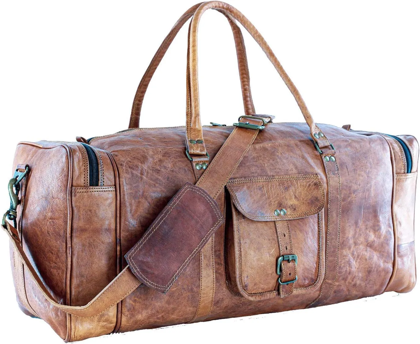 Leather duffle bags large 24 Inch Square Duffel Travel Gym Sports Overnight Weekender Leather Bag for men and women by KPL