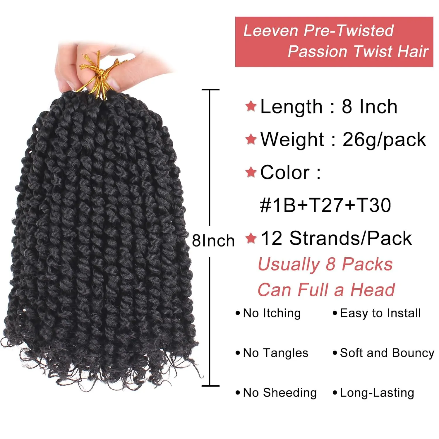 Leeven 8 Inch Passion Twist Crochet Hair 8 Packs (6 Packs #1B 1 Pack T27 1 Pack T30) Short Bomb Pre-Twisted Passion Twist Mixed 3 Color Combo Pack Synthetic Hair For Women Kids