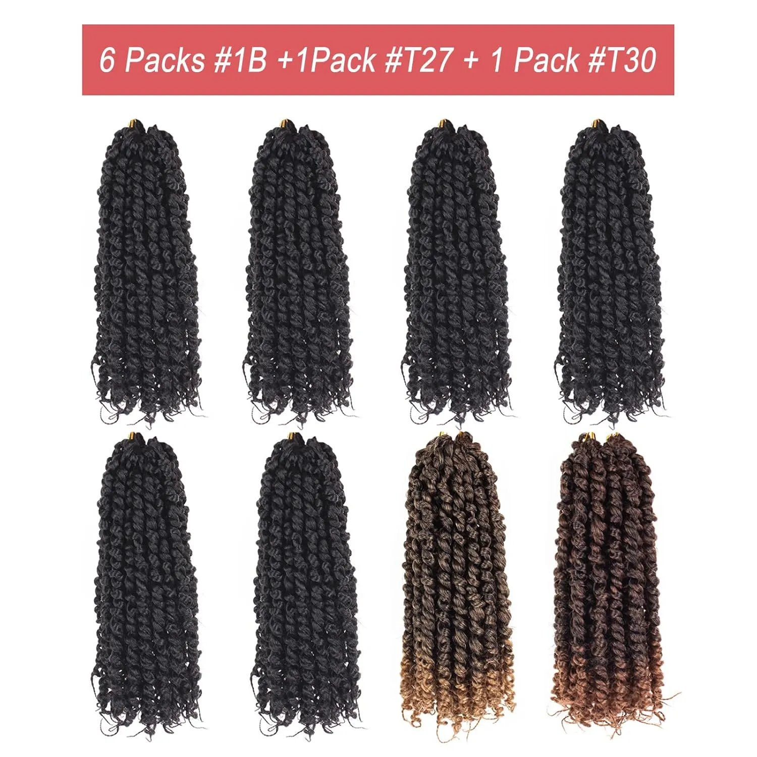 Leeven 8 Inch Passion Twist Crochet Hair 8 Packs (6 Packs #1B 1 Pack T27 1 Pack T30) Short Bomb Pre-Twisted Passion Twist Mixed 3 Color Combo Pack Synthetic Hair For Women Kids