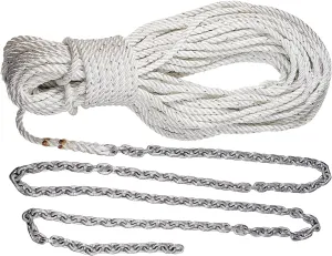 Lewmar Boat Anchor Rode for Windlasses - 10' 1/4" G4 Chain, 200' 1/2'' 8-Plait Rope with Shackle, High-Test-Rated Galvanized Links, Hand-Sewn Whipping
