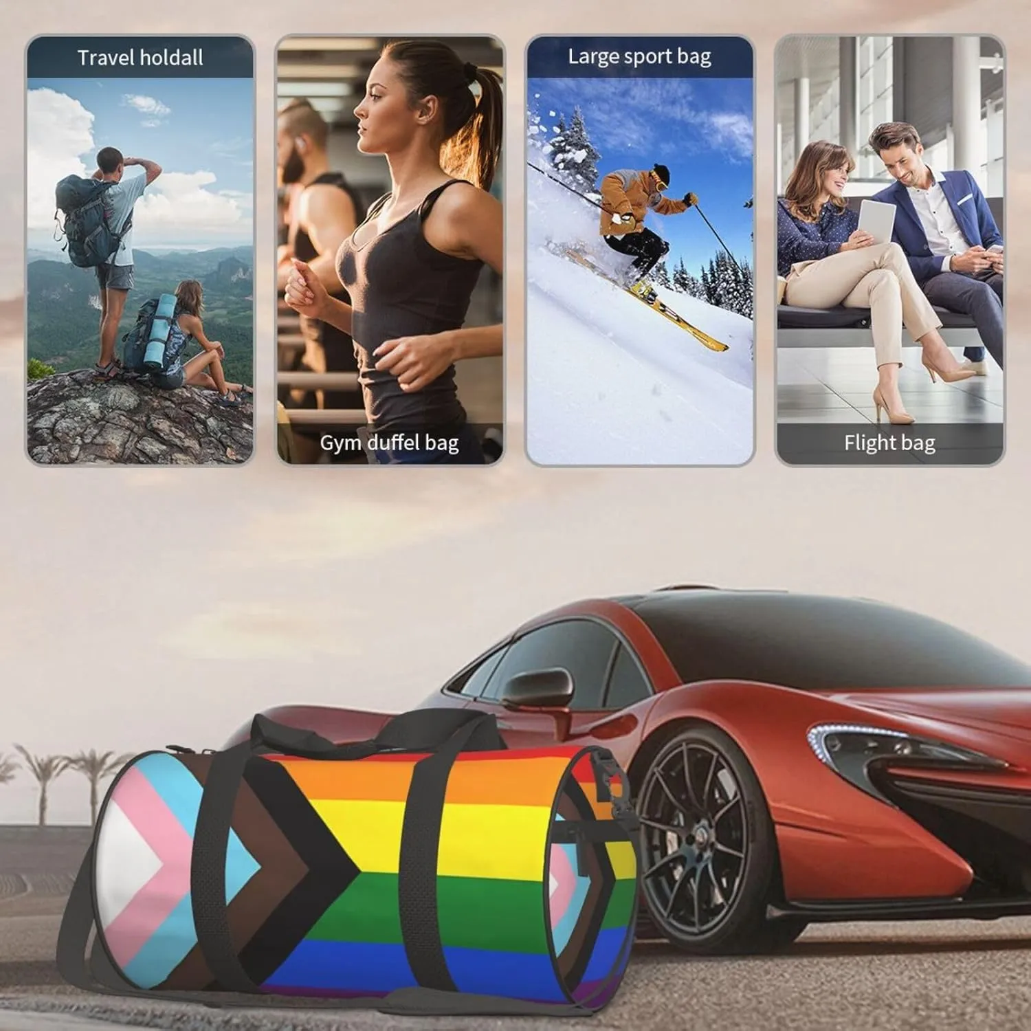 LGBT Pride Rainbow Gay Progress Pride Flag Round Travel Duffel Bag Large Capacity Gym Sports Bags for Hiking Vacation Trips