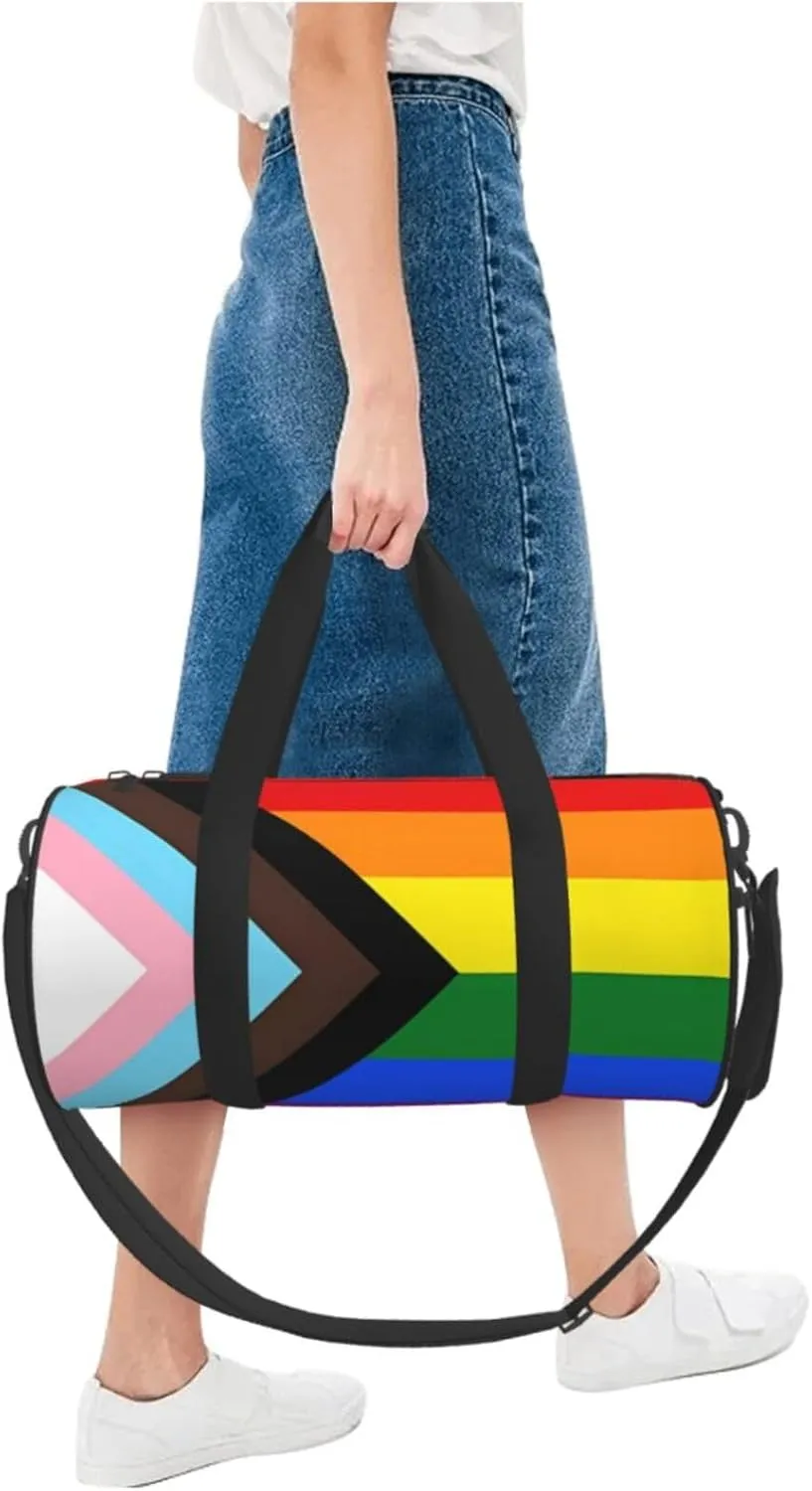 LGBT Pride Rainbow Gay Progress Pride Flag Round Travel Duffel Bag Large Capacity Gym Sports Bags for Hiking Vacation Trips