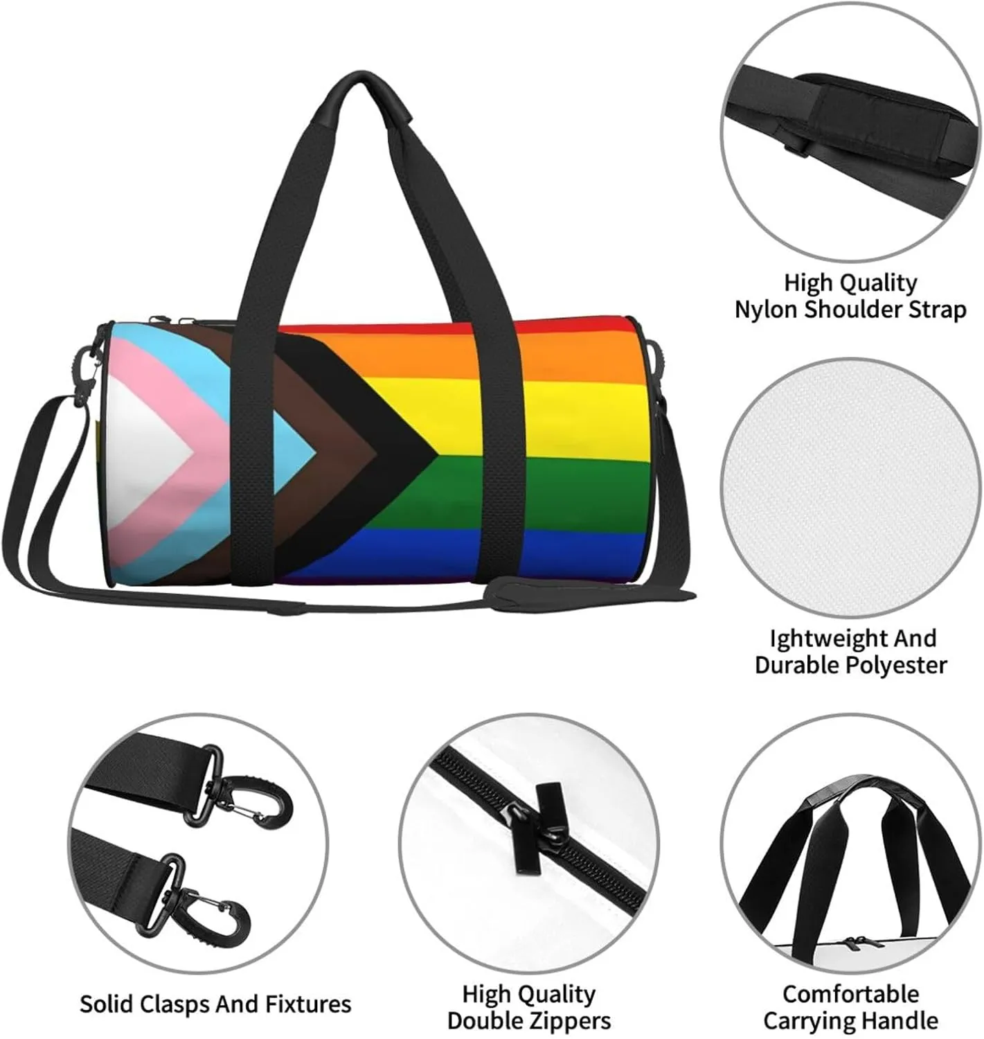 LGBT Pride Rainbow Gay Progress Pride Flag Round Travel Duffel Bag Large Capacity Gym Sports Bags for Hiking Vacation Trips
