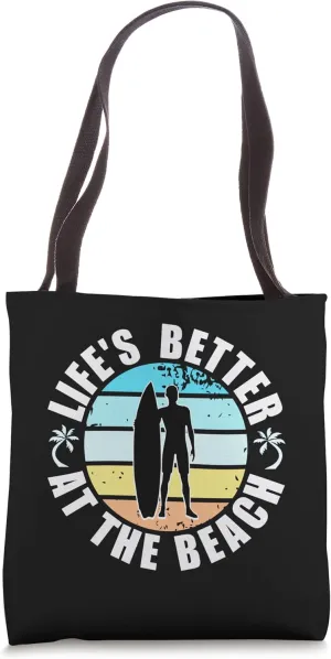 Life's Better at The Beach Retro surfer Vintage Surf board Tote Bag