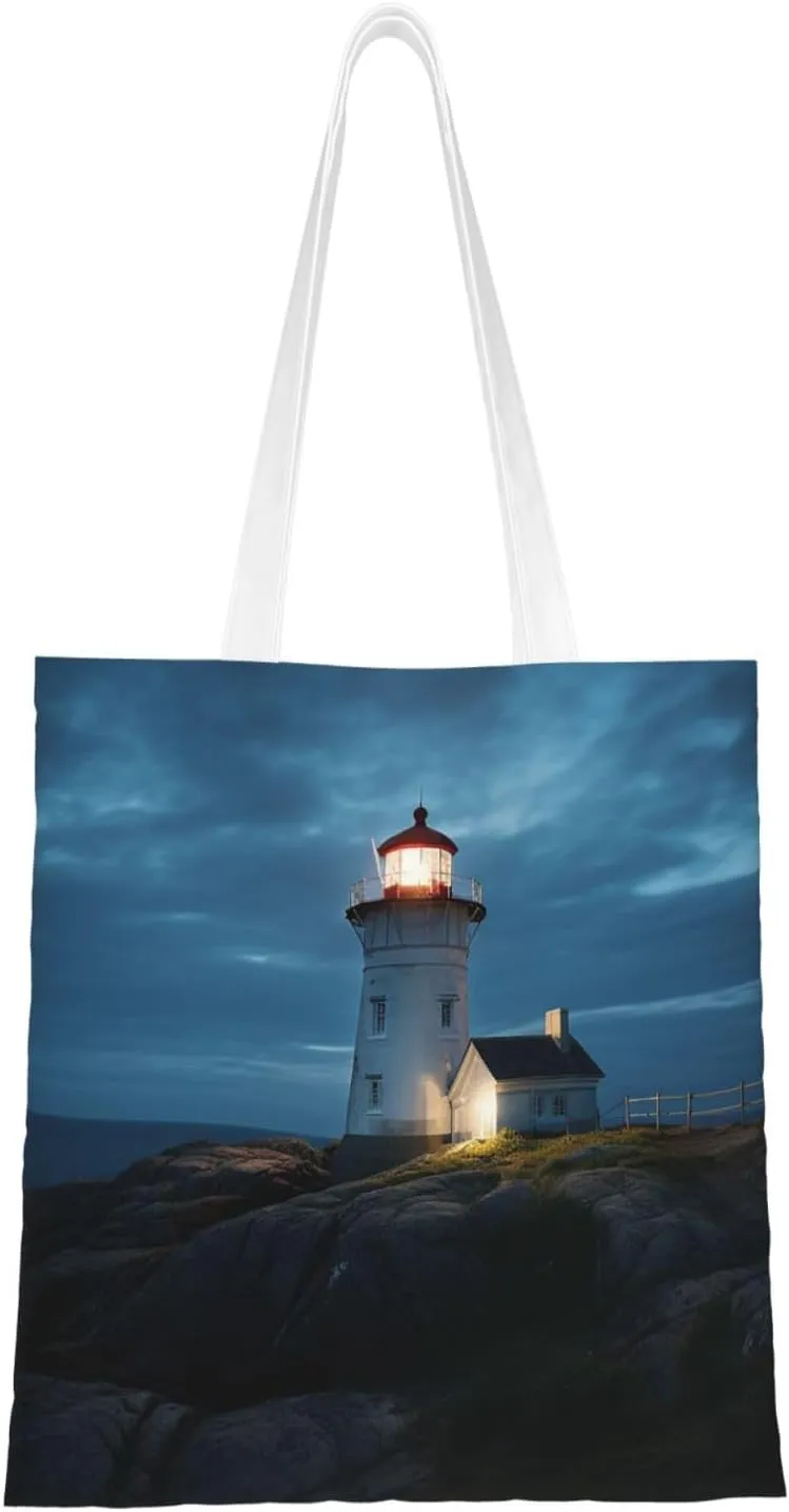 Lighthouse at night Canvas Tote Bag for Women Grocery Bag Reusable Aesthetic Shopping Bags Beach Handbag