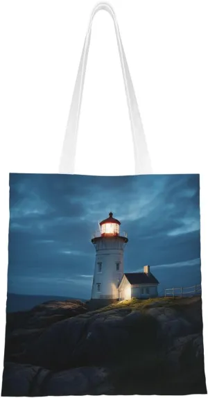 Lighthouse at night Canvas Tote Bag for Women Grocery Bag Reusable Aesthetic Shopping Bags Beach Handbag