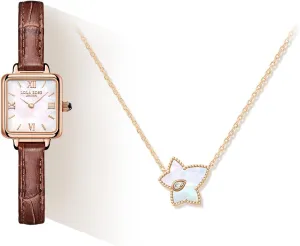Lola Rose Genuine Brown Leather Strap Wrist Watch with Exquisite Mother of Pearl Bead Necklace