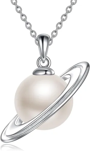 LONAGO Pearl Saturn Necklace Cosmic Saturn Planet Pendant Necklace Gift for Women