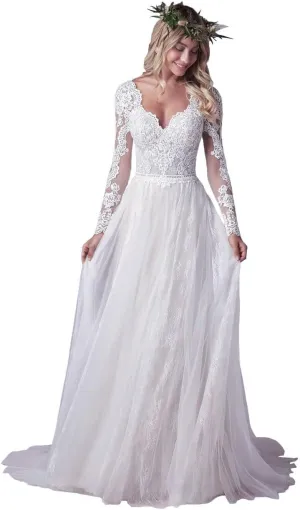 Long Sleeve Wedding Dresses for Bride Lace Beach Boho Wedding Bridal Gowns for Women Country Wedding Dress