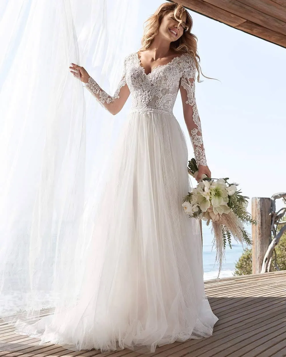 Long Sleeve Wedding Dresses for Bride Lace Beach Boho Wedding Bridal Gowns for Women Country Wedding Dress