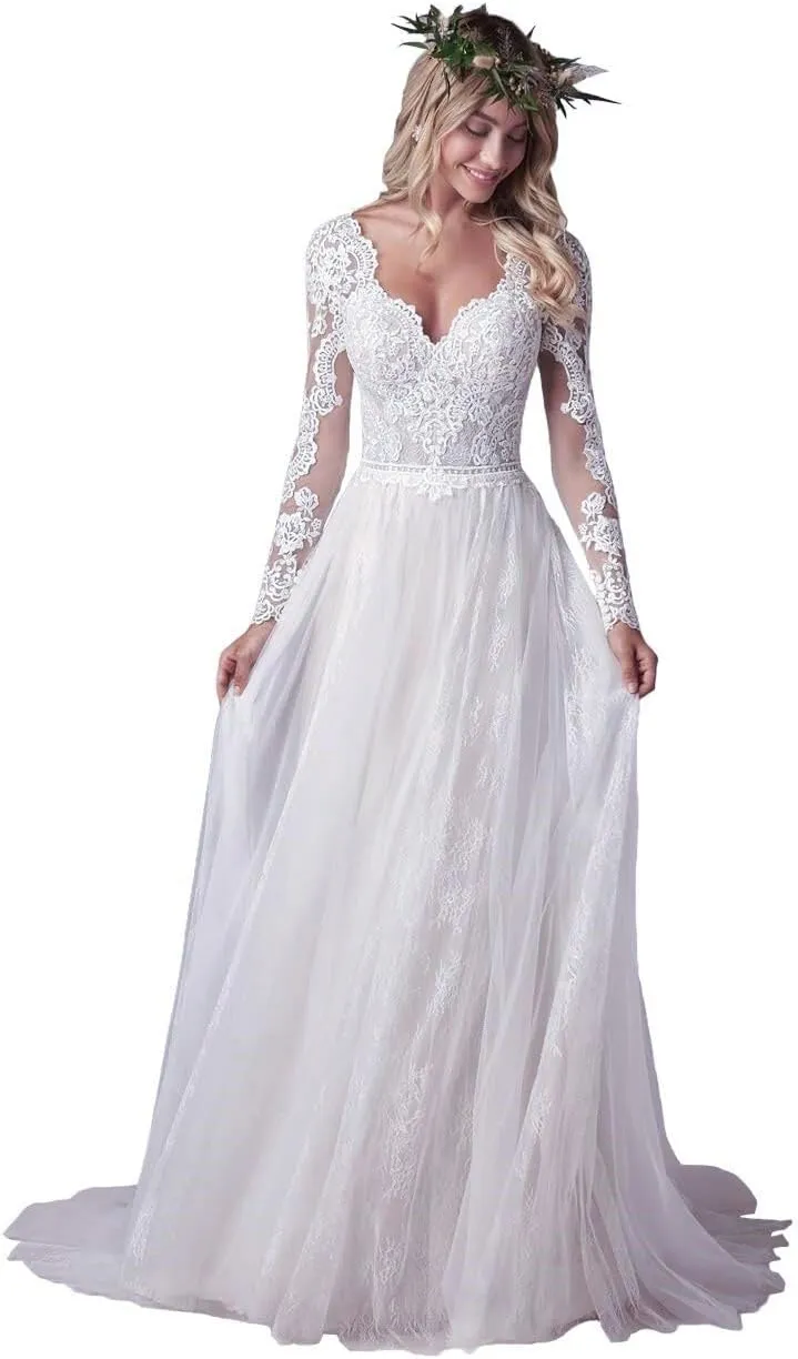 Long Sleeve Wedding Dresses for Bride Lace Beach Boho Wedding Bridal Gowns for Women Country Wedding Dress