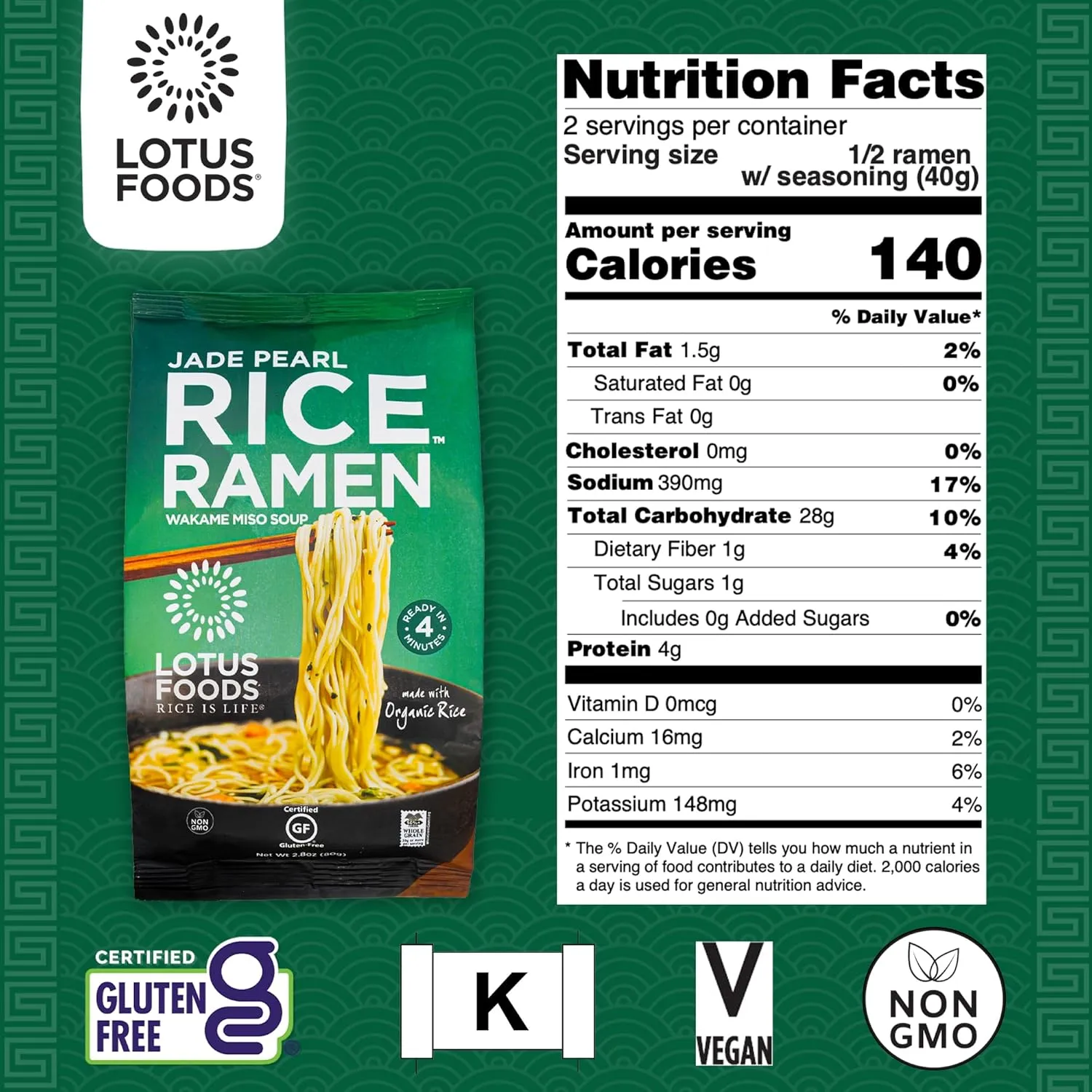Lotus Foods Jade Pearl Organic Rice Ramen Noodles With Miso Soup - Gluten Free Ramen Noodles, Vegan Ramen Noodles, Organic Ramen Rice Noodles - 2.8 Oz Bags (Pack of 10)