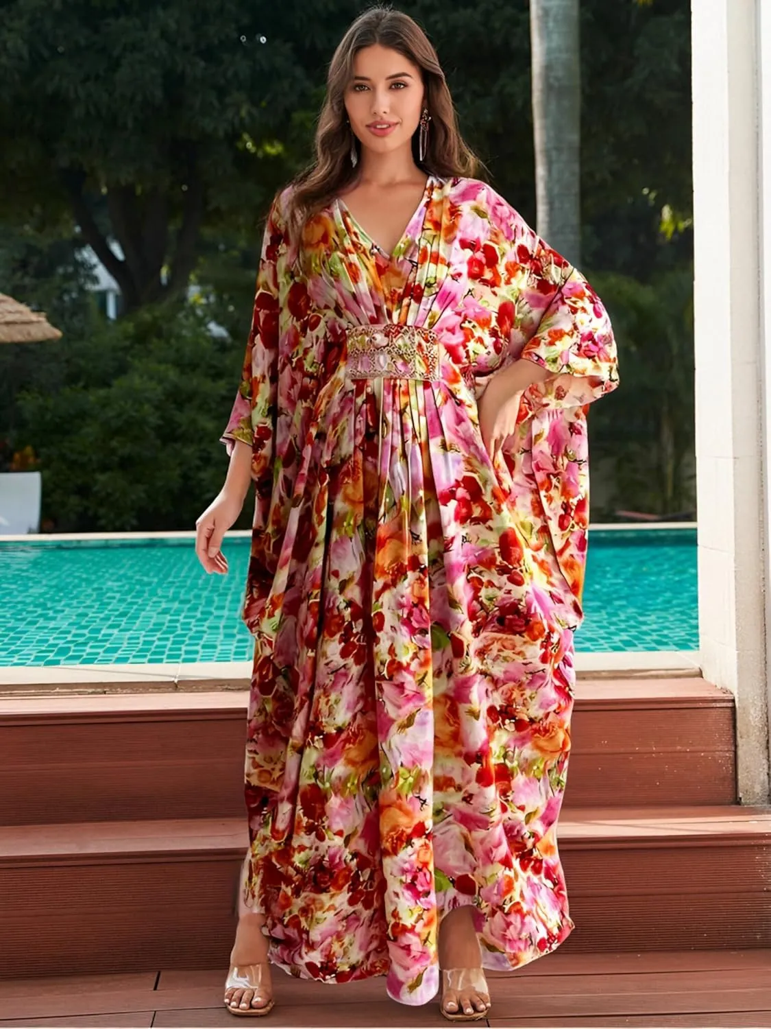 LOUSEA Ethnic Print Momo Dresses for Women Vneck Tie Dye Swimsuit Cover Ups Colorful Lougewear Dress One-Piece Beach Dress