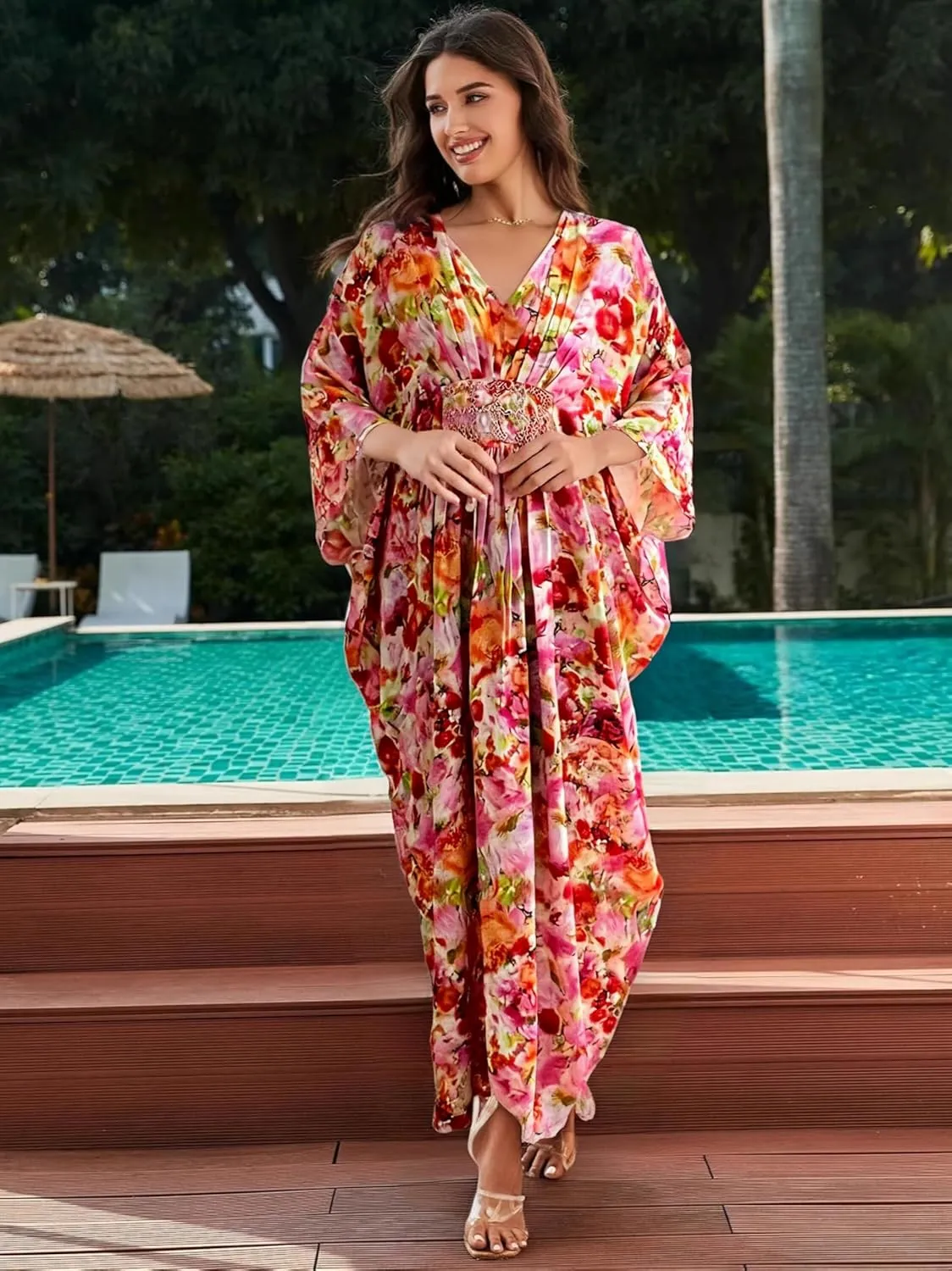 LOUSEA Ethnic Print Momo Dresses for Women Vneck Tie Dye Swimsuit Cover Ups Colorful Lougewear Dress One-Piece Beach Dress