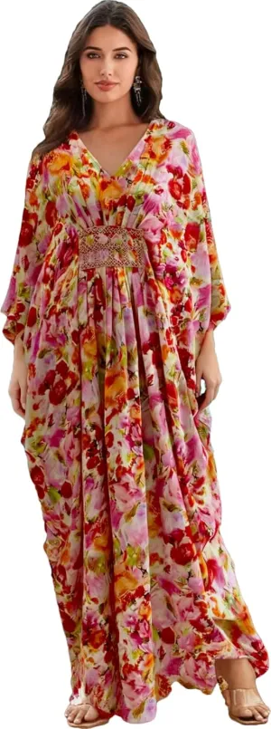 LOUSEA Ethnic Print Momo Dresses for Women Vneck Tie Dye Swimsuit Cover Ups Colorful Lougewear Dress One-Piece Beach Dress