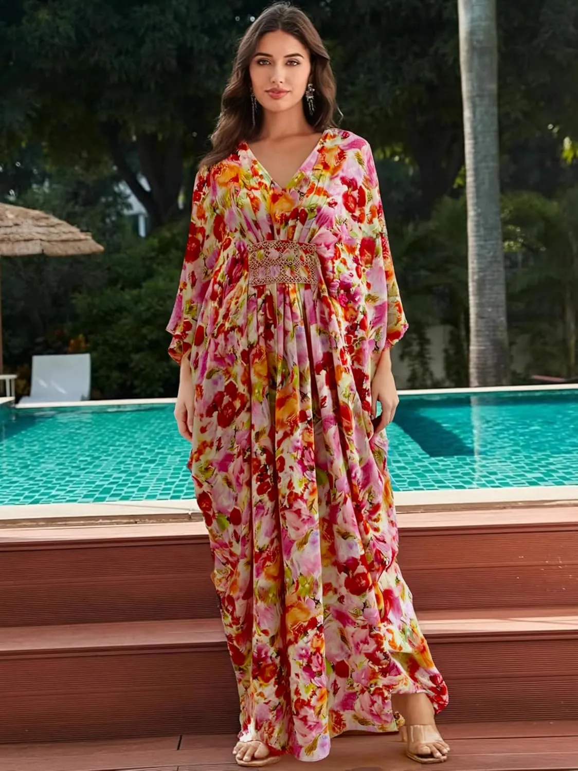 LOUSEA Ethnic Print Momo Dresses for Women Vneck Tie Dye Swimsuit Cover Ups Colorful Lougewear Dress One-Piece Beach Dress