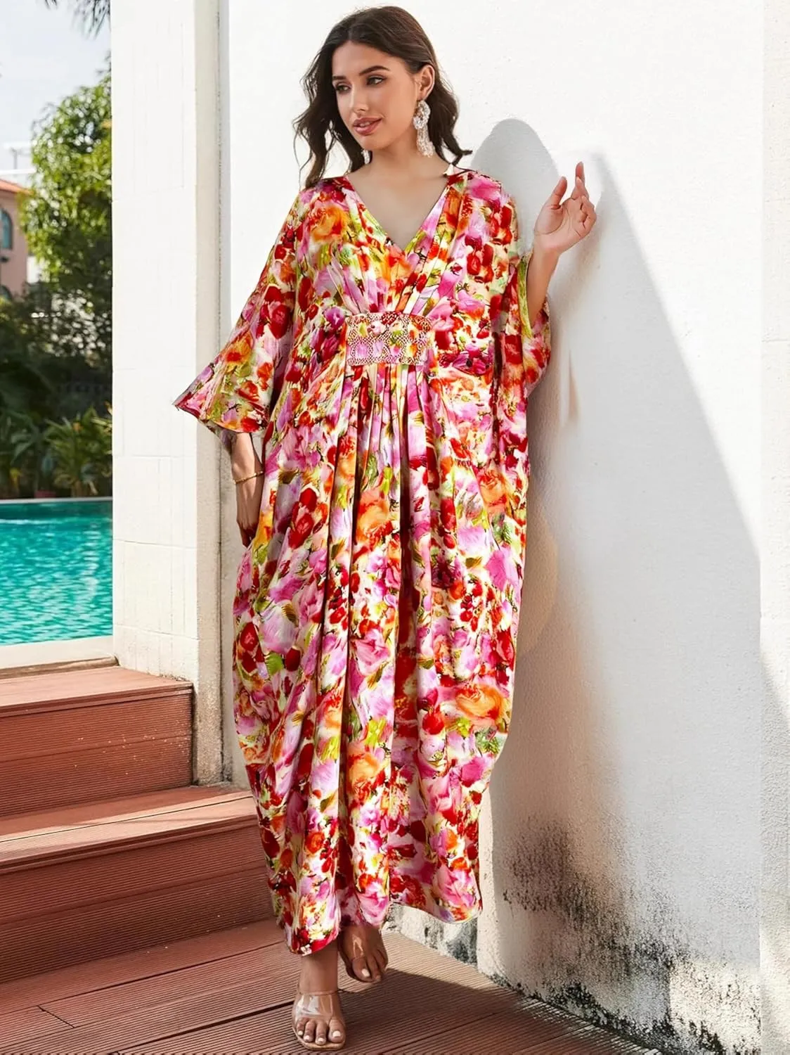 LOUSEA Ethnic Print Momo Dresses for Women Vneck Tie Dye Swimsuit Cover Ups Colorful Lougewear Dress One-Piece Beach Dress
