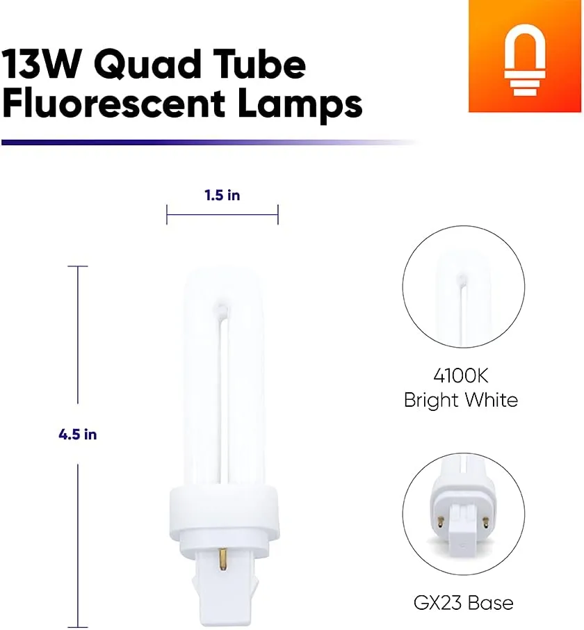 lumenivo 13 Watt Quad Tube Fluorescent Lamp with GX23-2, 2 Pin Base 4100k Bright White U Shaped Compact Fluorescent Bulbs 2 Pin - PLC 13w 2 Pin Double Tubes CFL with 810 Lumens Output - 4 Pack