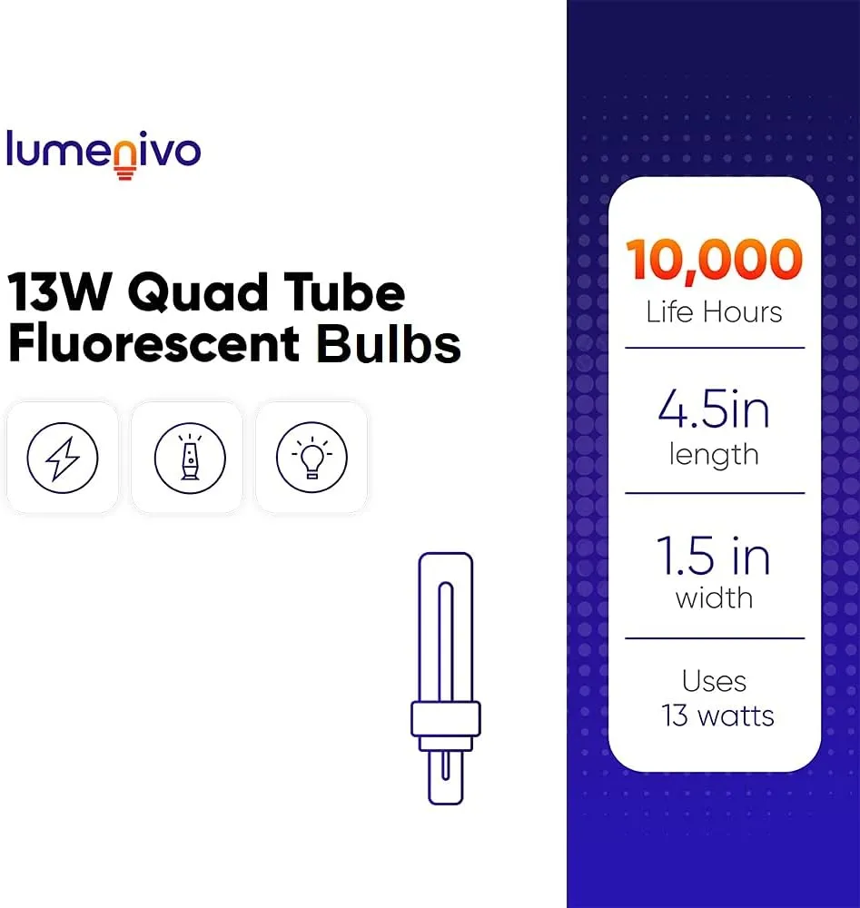 lumenivo 13 Watt Quad Tube Fluorescent Lamp with GX23-2, 2 Pin Base 4100k Bright White U Shaped Compact Fluorescent Bulbs 2 Pin - PLC 13w 2 Pin Double Tubes CFL with 810 Lumens Output - 4 Pack