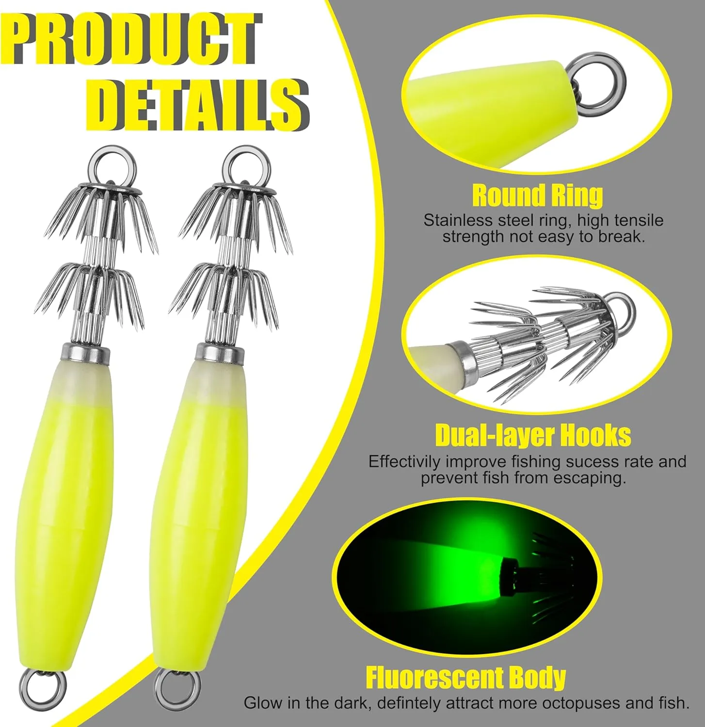Luminous Squid Jig Hooks Saltwater Glow Squid Jigs Fluoresent Cuttlefish Sleeve Fishing Jigs Squid Hard Night Fishing Bait Octopus Lure Glow in Dark
