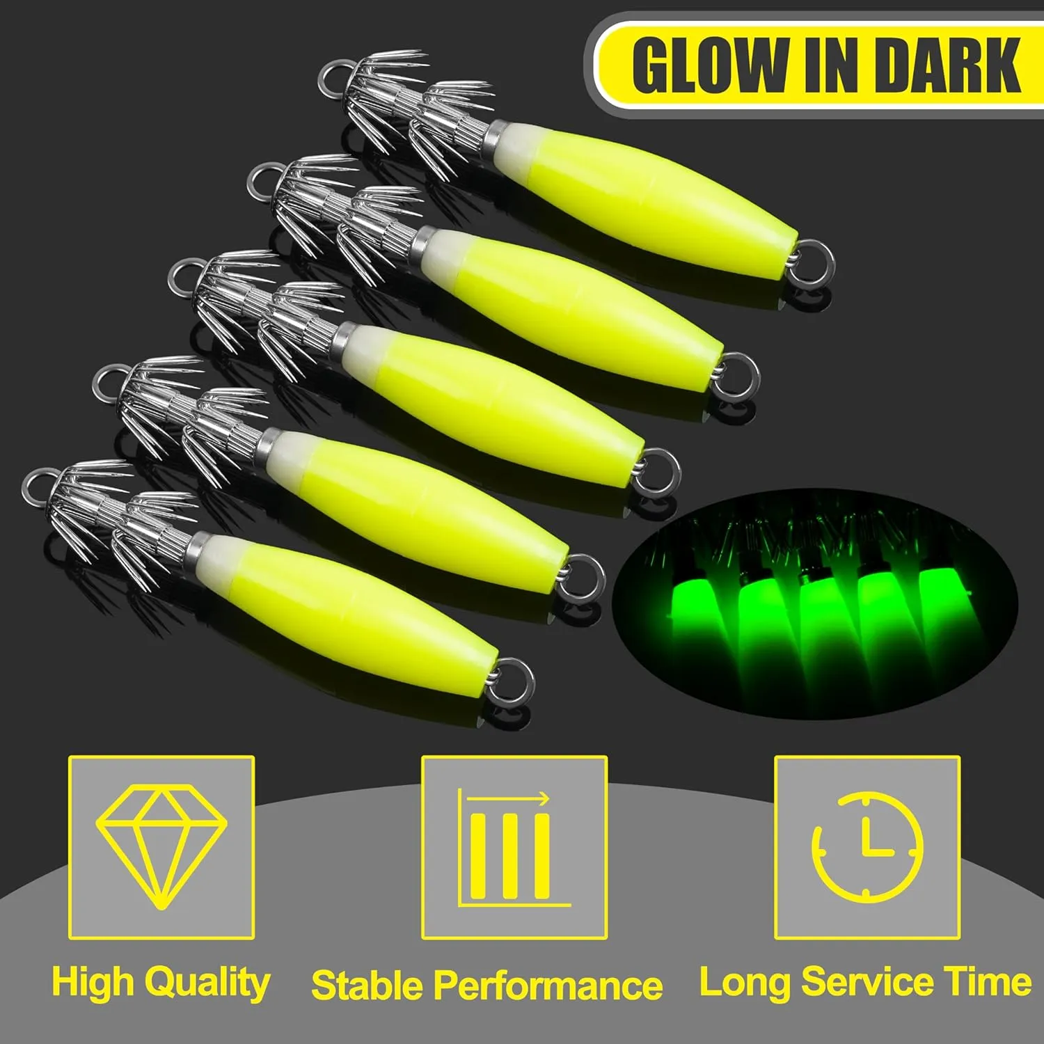 Luminous Squid Jig Hooks Saltwater Glow Squid Jigs Fluoresent Cuttlefish Sleeve Fishing Jigs Squid Hard Night Fishing Bait Octopus Lure Glow in Dark