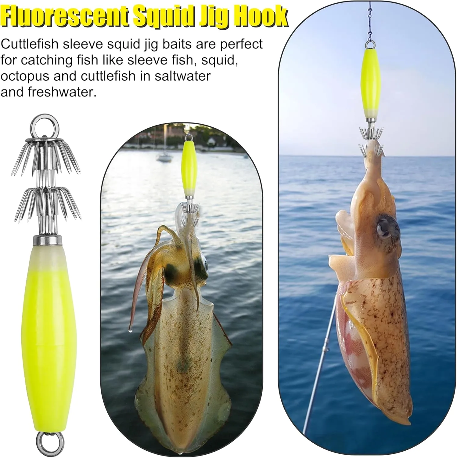 Luminous Squid Jig Hooks Saltwater Glow Squid Jigs Fluoresent Cuttlefish Sleeve Fishing Jigs Squid Hard Night Fishing Bait Octopus Lure Glow in Dark