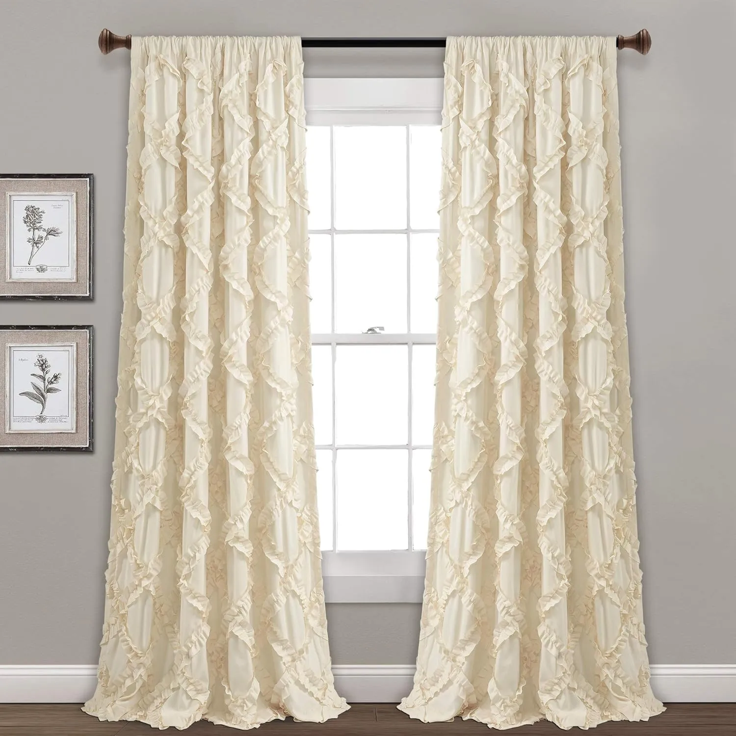 Lush Decor, Ivory Ruffle Diamond Curtains Textured Window Panel Set for Living, Dining Room, Bedroom (Pair), 84” x 54, 2 Count