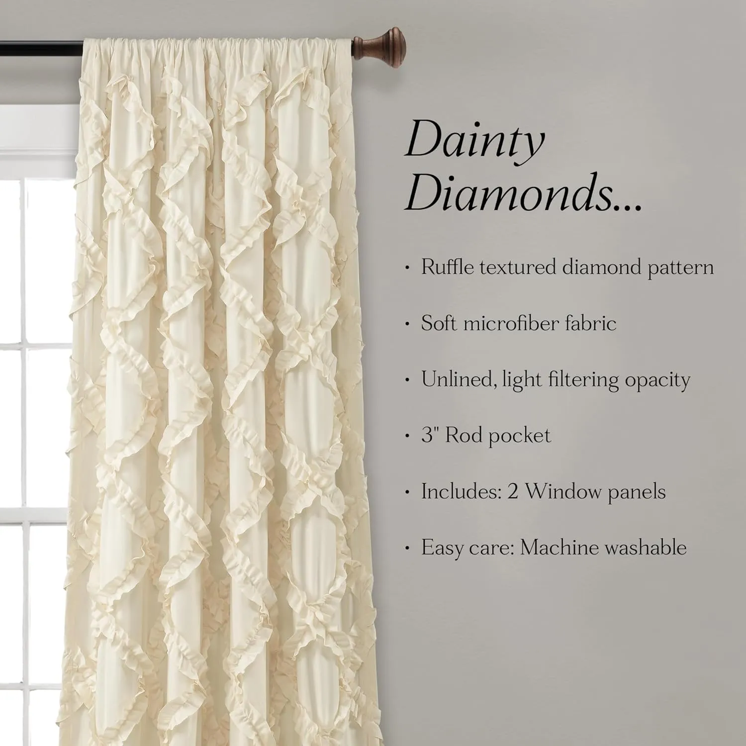 Lush Decor, Ivory Ruffle Diamond Curtains Textured Window Panel Set for Living, Dining Room, Bedroom (Pair), 84” x 54, 2 Count