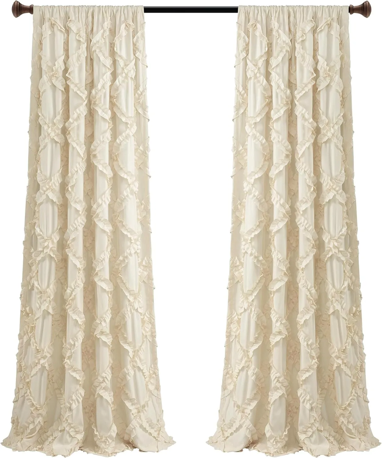 Lush Decor, Ivory Ruffle Diamond Curtains Textured Window Panel Set for Living, Dining Room, Bedroom (Pair), 84” x 54, 2 Count