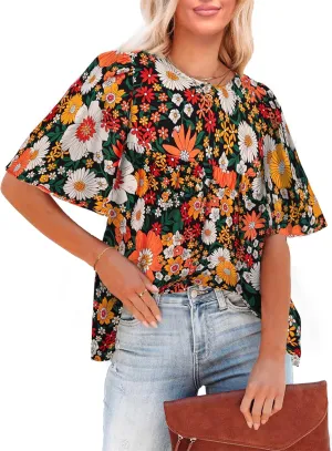 luvamia 2025 Blouses for Women Dressy Casual Floral Boho Babydoll Flowy Tops Summer Short Bell Sleeves Shirts