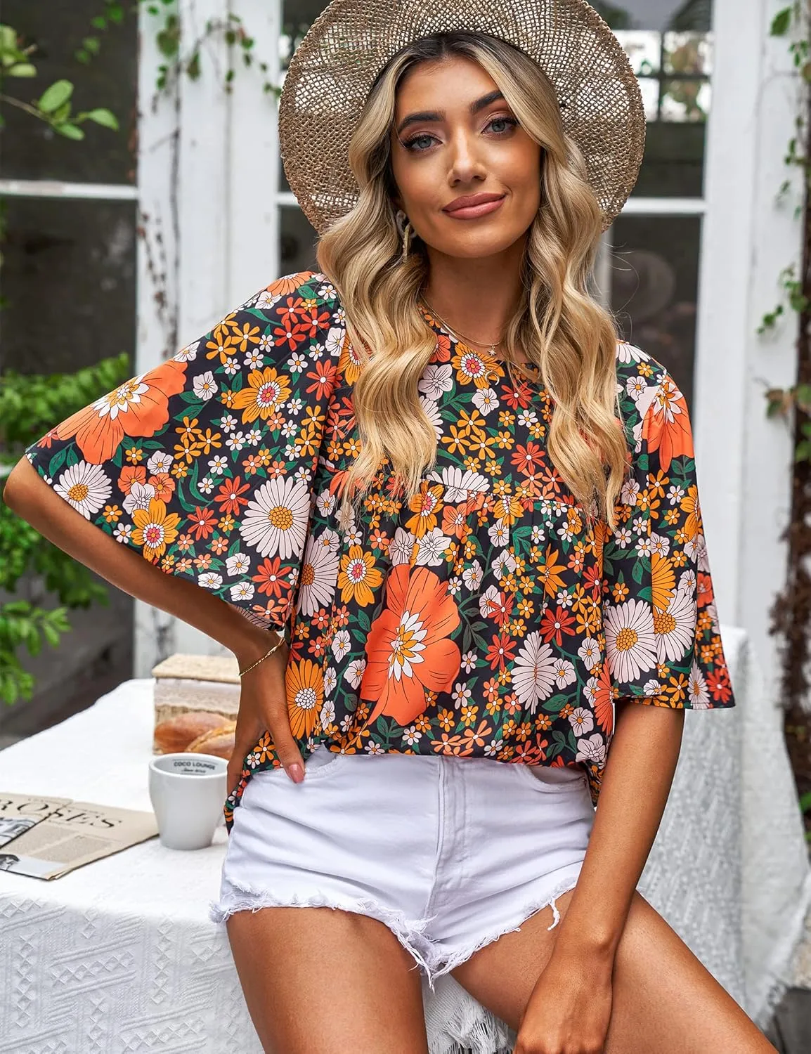 luvamia 2025 Blouses for Women Dressy Casual Floral Boho Babydoll Flowy Tops Summer Short Bell Sleeves Shirts