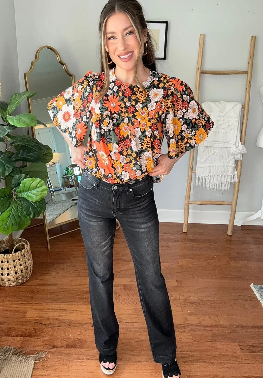 luvamia 2025 Blouses for Women Dressy Casual Floral Boho Babydoll Flowy Tops Summer Short Bell Sleeves Shirts