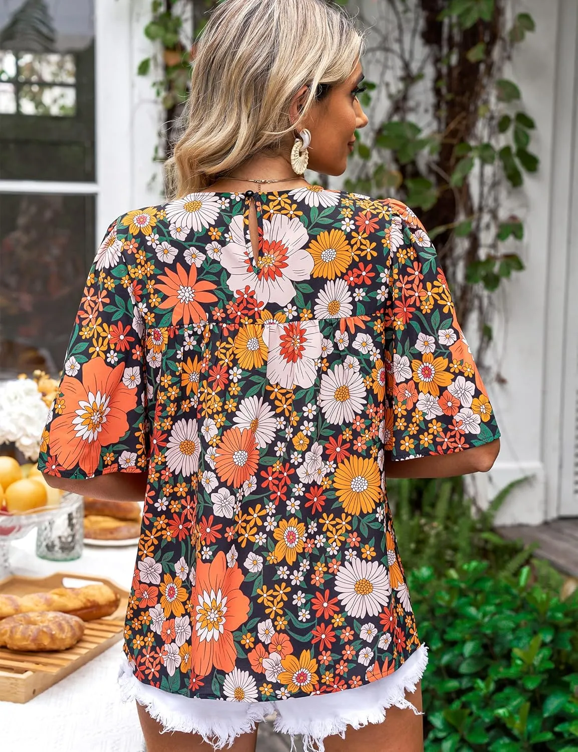 luvamia 2025 Blouses for Women Dressy Casual Floral Boho Babydoll Flowy Tops Summer Short Bell Sleeves Shirts