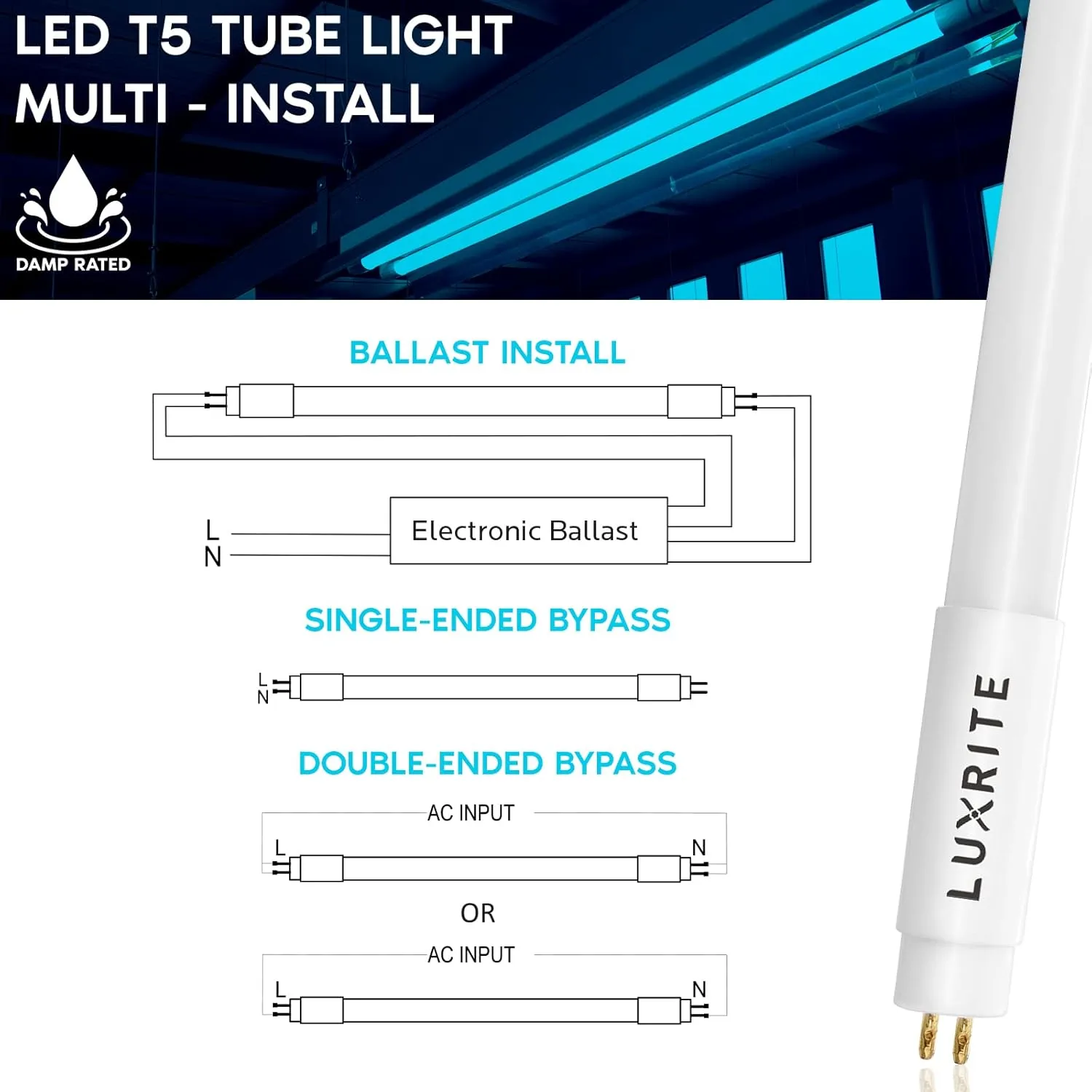 LUXRITE 12-Pack 4FT T5 LED Tube Lights, Type A B, 24W=54W, 3500K Natural White, 45.78", Ballast and Ballast Bypass Compatible, Single or Double End Powered, F54T5 Fluorescent Replacement, Damp Rated