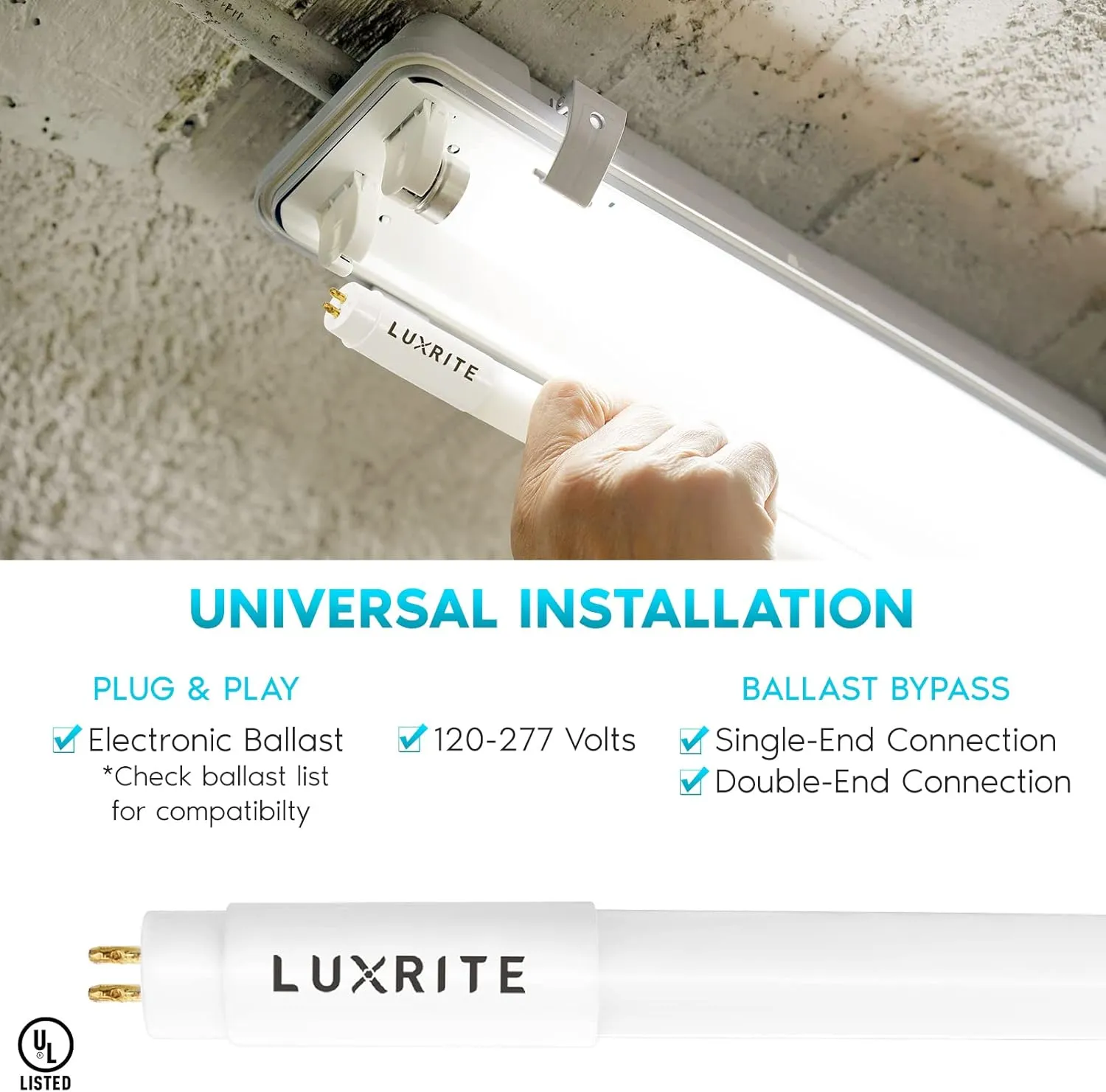 LUXRITE 12-Pack 4FT T5 LED Tube Lights, Type A B, 24W=54W, 3500K Natural White, 45.78", Ballast and Ballast Bypass Compatible, Single or Double End Powered, F54T5 Fluorescent Replacement, Damp Rated
