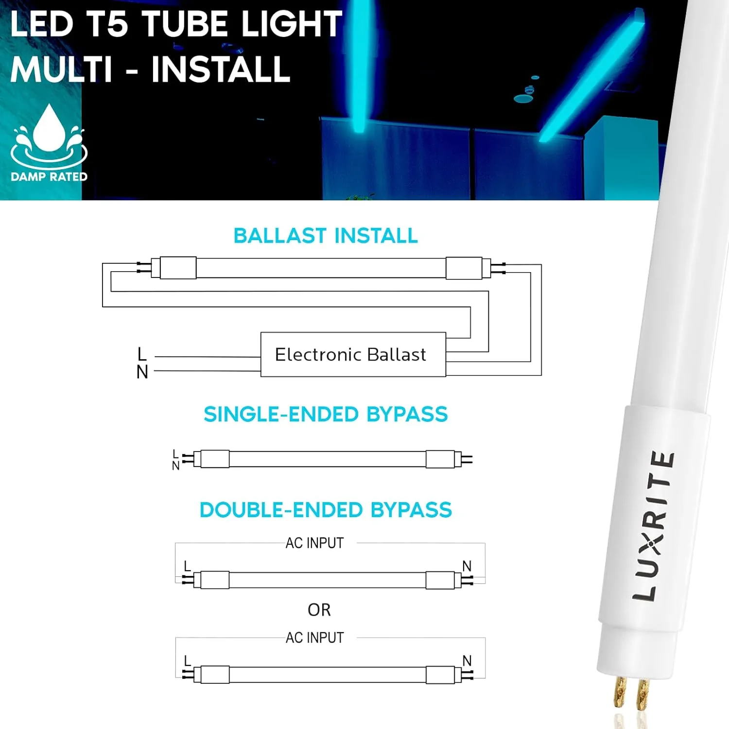 LUXRITE 12-Pack 4FT T5 LED Tube Lights, Type A B, 24W=54W, 5000K Bright White, 45.78", Ballast and Ballast Bypass Compatible, Single or Double End Powered, F54T5 Fluorescent Replacement, Damp Rated