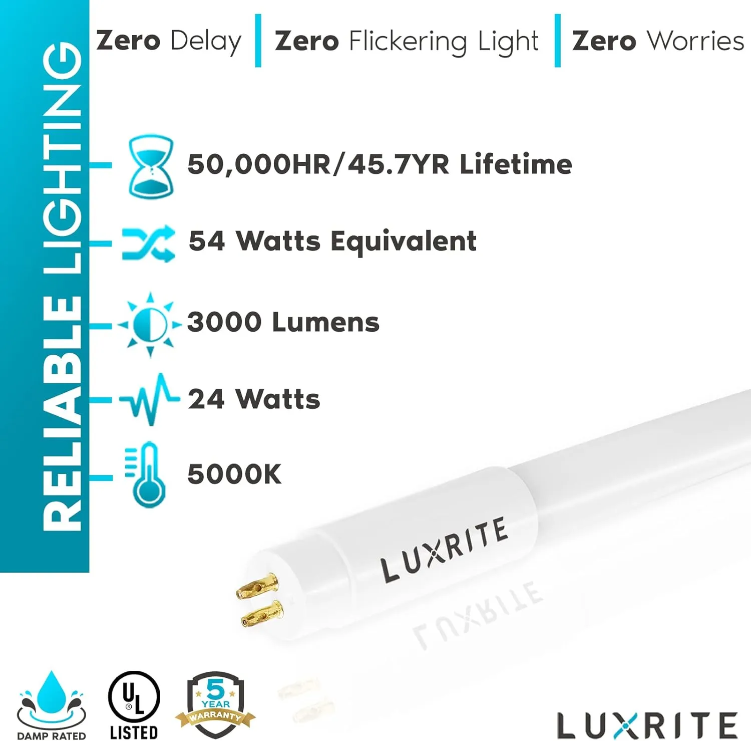LUXRITE 12-Pack 4FT T5 LED Tube Lights, Type A B, 24W=54W, 5000K Bright White, 45.78", Ballast and Ballast Bypass Compatible, Single or Double End Powered, F54T5 Fluorescent Replacement, Damp Rated