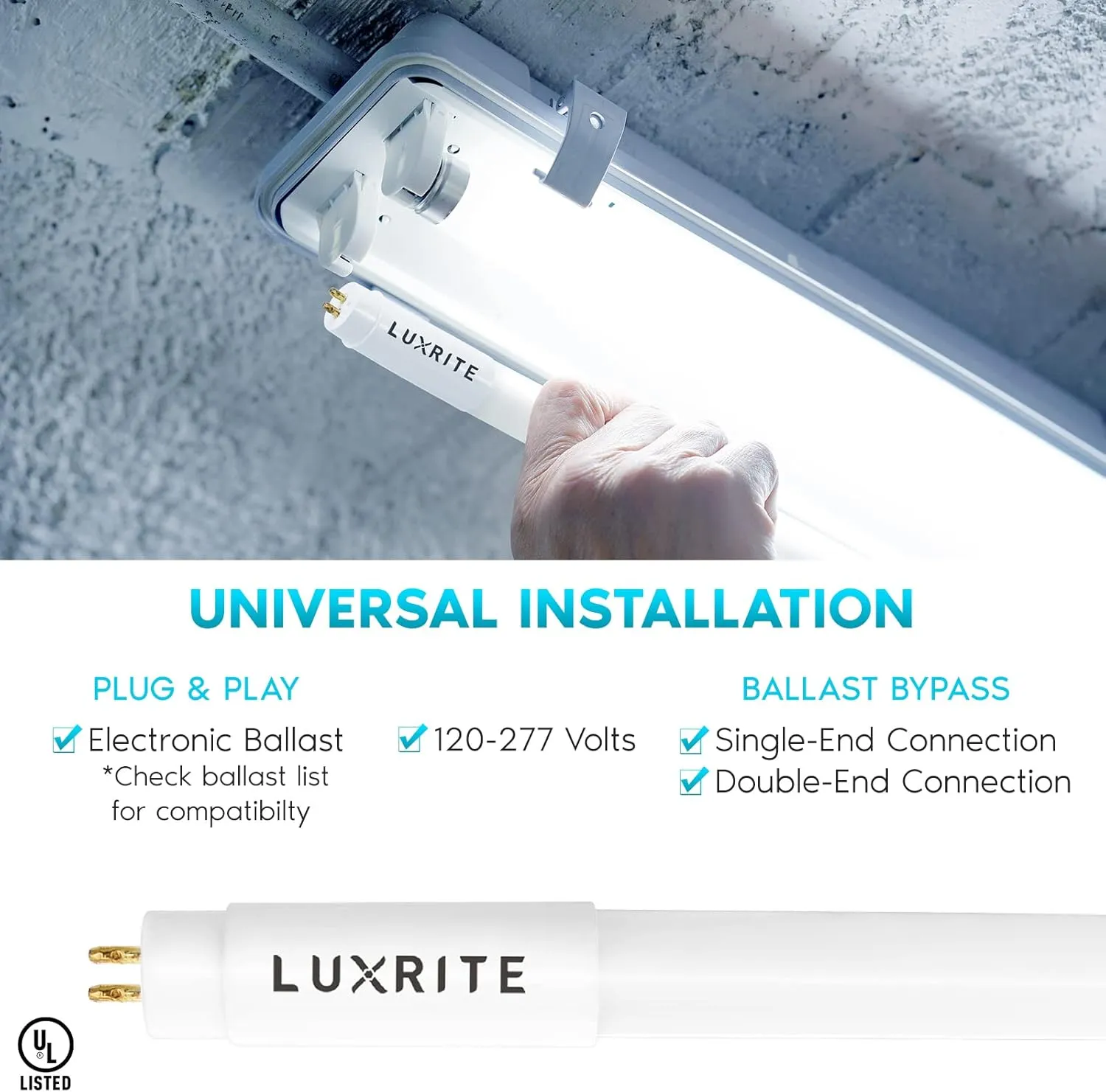 LUXRITE 12-Pack 4FT T5 LED Tube Lights, Type A B, 24W=54W, 5000K Bright White, 45.78", Ballast and Ballast Bypass Compatible, Single or Double End Powered, F54T5 Fluorescent Replacement, Damp Rated